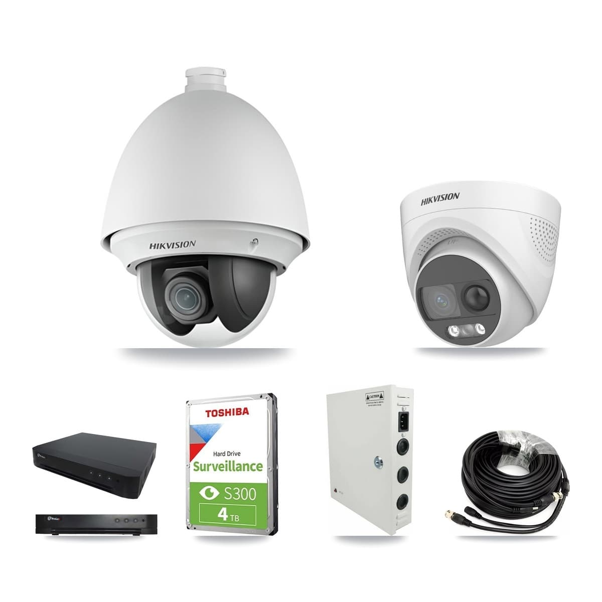 Hikvision & Prolux 16-Channel 2MP – 5MP CCTV Kit — 2 DS-2AE4225T 2MP PTZ + 2 DS-2CE72KF3T 5MP Turret Cameras + 4TB Recording