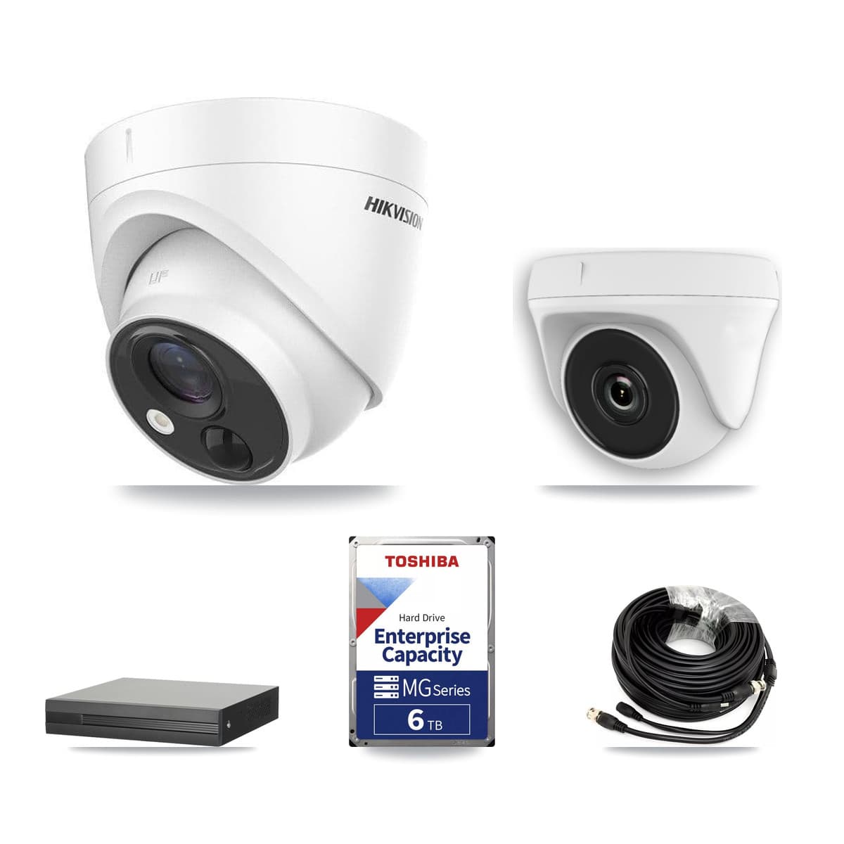 Hikvision 8-Channel 2MP – 5MP CCTV Kit — 3 DS-2CE71H0T 5MP Turret + 3 White HDT-2MP-N20W 2MP Dome Cameras + 6TB Recording (XVR-3108HS Recorder)