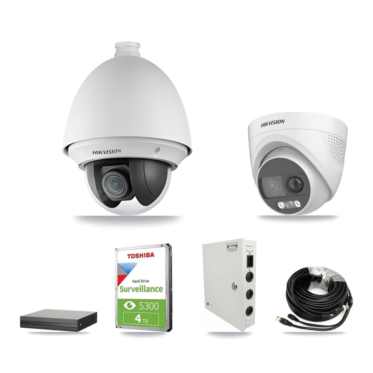 Hikvision 8-Channel 2MP – 5MP CCTV Kit — 2 DS-2AE4225T 2MP PTZ + 2 DS-2CE72KF3T 5MP Turret Cameras + 4TB Recording (XVR-3108HS Recorder) - Image 1