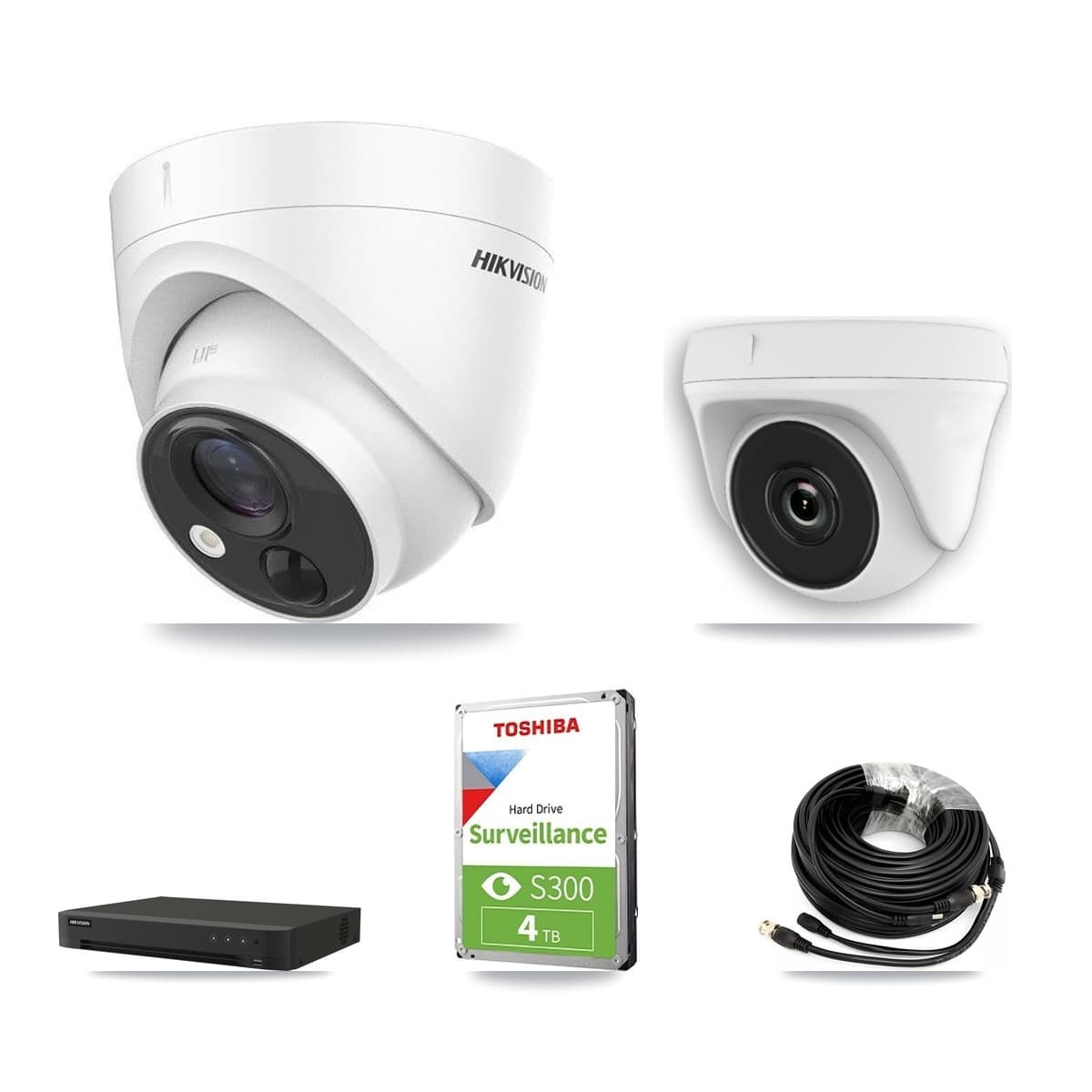 Hikvision 16-Channel 2MP – 5MP CCTV Kit — 2 DS-2CE71H0T 5MP Turret + 1 White HDT-2MP-N20W 2MP Dome Cameras + 4TB Recording (IDS-7216HQHI Recorder) - Image 1