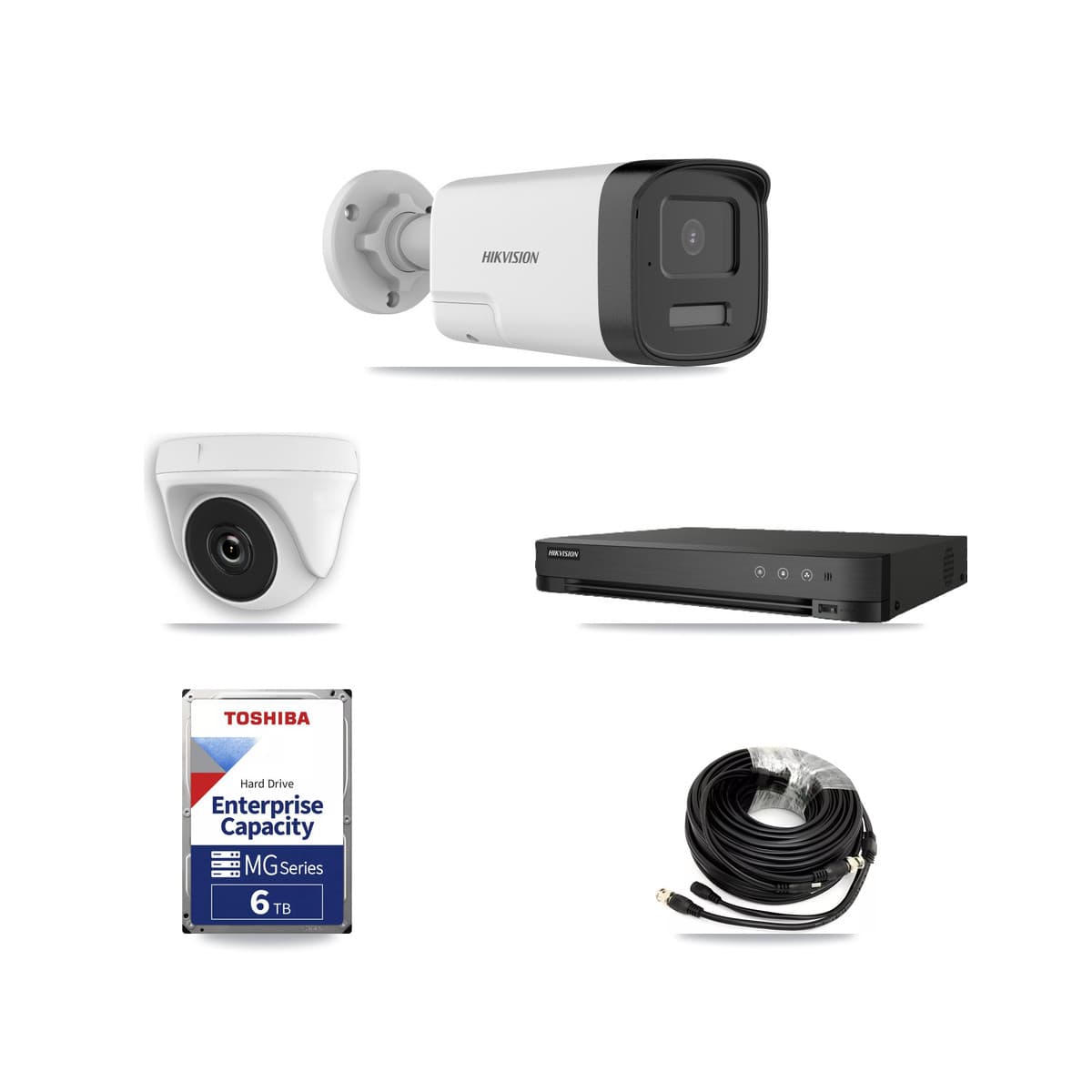 Hikvision 8-Channel 2MP – 5MP CCTV Kit — 3 DS-2CE17K0T 5MP Bullet + 3 White HDT-2MP-N20W 2MP Dome Cameras + 6TB Recording (IDS-7208HQHI Recorder) - Image 1