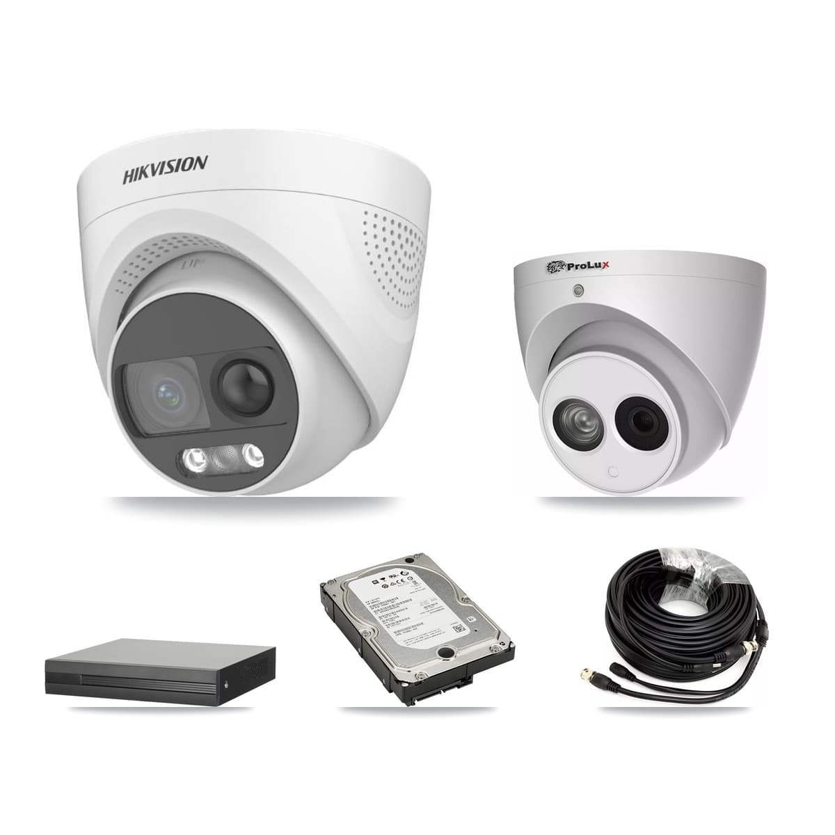 Hikvision & Prolux 4-Channel 4MP – 5MP CCTV Kit — 3 DS-2CE72KF3T 5MP + 1 PXC-612C4W-A 4MP Turret Cameras + 5TB Recording (XVR-3104HS Recorder)
