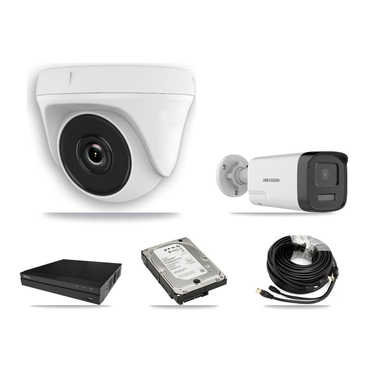 Hikvision & Prolux 8-Channel 2MP – 5MP CCTV Kit — 1 DS-2CE17K0T 5MP Bullet + 5 White HDT-2MP-N20W 2MP Dome Cameras + 5TB Recording (PXD-5208AN Recorder) - Image 1