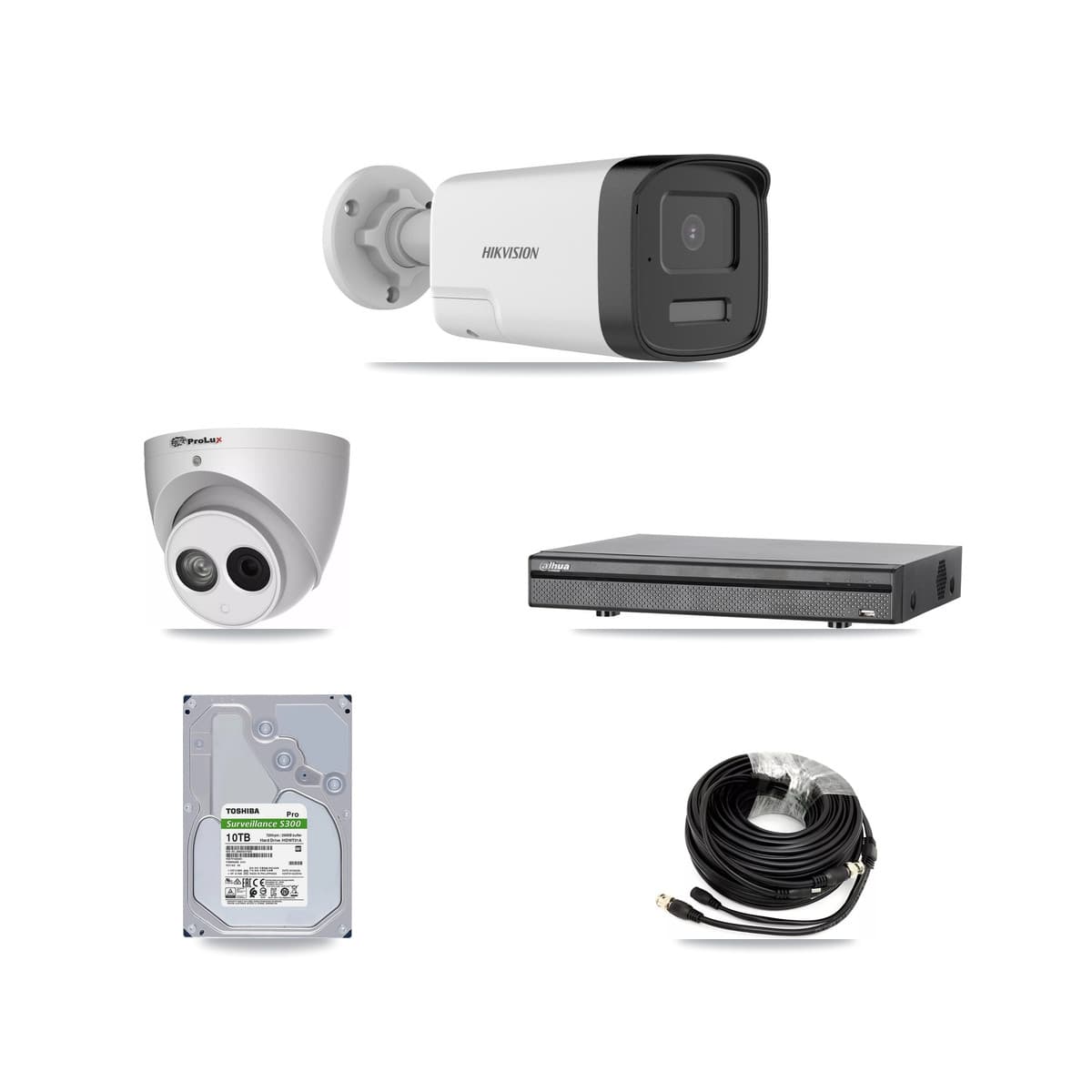 8-Channel 4MP – 5MP CCTV Kit — 7 DS-2CE17K0T 5MP Bullet + 1 PXC-612C4W-A 4MP Turret Cameras + 10TB Recording (DH-XVR5108H Recorder) - Image 1