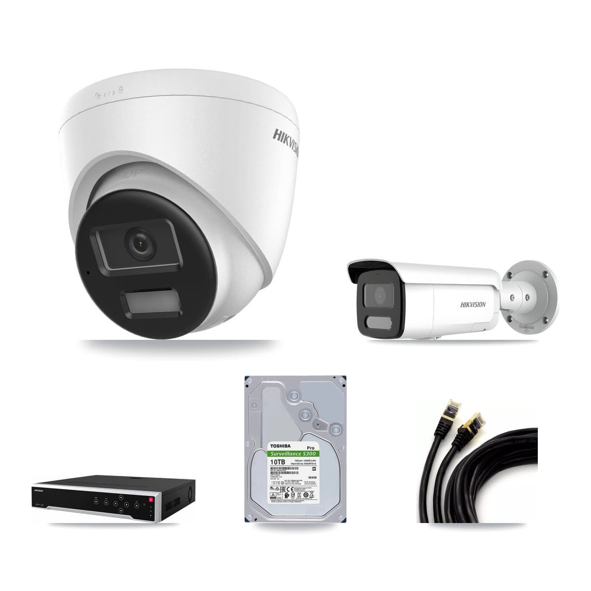Hikvision 32-Channel 4MP – 4K CCTV Kit — 5 DS-2CD1383G2-LIUF/SL 4K Turret + 5 DS-2CD2T47G2H-LISU/SL 4MP Bullet Cameras + 2× 10TB Recording (DS-7732NI-M4/24P Recorder) - Image 1
