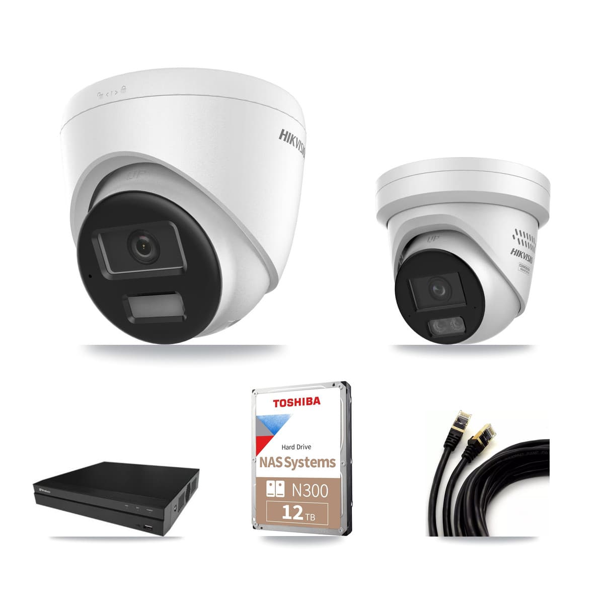 Hikvision & Prolux 16-Channel 4MP – 4K CCTV Kit — 3 DS-2CD1383G2-LIUF/SL 4K + 3 DS-2CD2347G3-LIS2UY/SL 4MP Turret Cameras + 12TB Recording (PXN-5216-16P-4KS2E Recorder) - Image 1