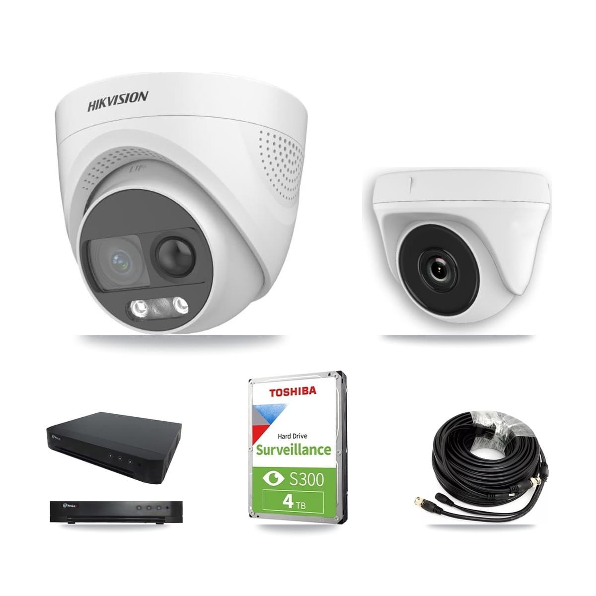 Hikvision & Prolux 16-Channel 2MP – 5MP CCTV Kit — 2 DS-2CE72KF3T 5MP Turret + 2 White HDT-2MP-N20W 2MP Dome Cameras + 4TB Recording - Image 1