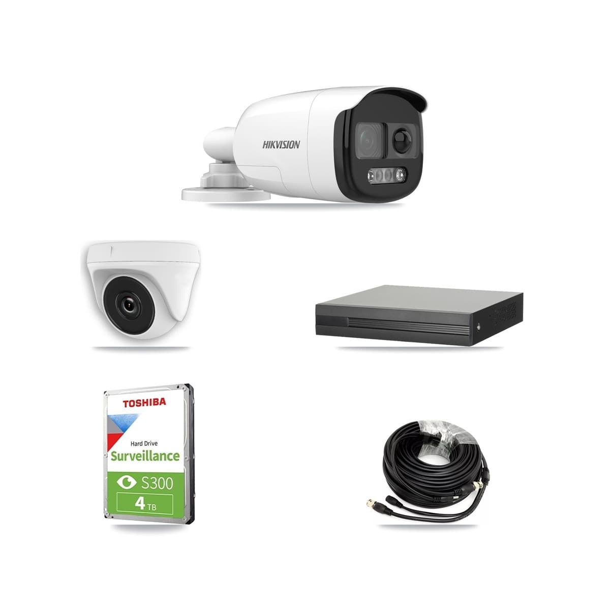 Hikvision 4-Channel 2MP – 5MP CCTV Kit — 2 DS-2CE12KF3T 5MP Bullet + 2 White HDT-2MP-N20W 2MP Dome Cameras + 4TB Recording (XVR-3104HS Recorder)