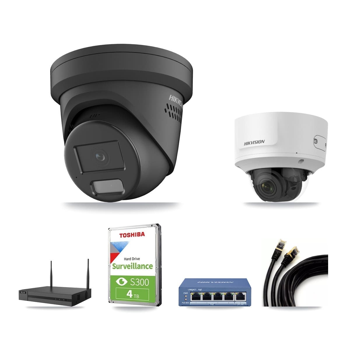 Hikvision & HiLook 4-Channel 2MP – 4MP CCTV Kit — 2 Black 4MP Turret + 1 2MP Dome Cameras + 4TB Recording