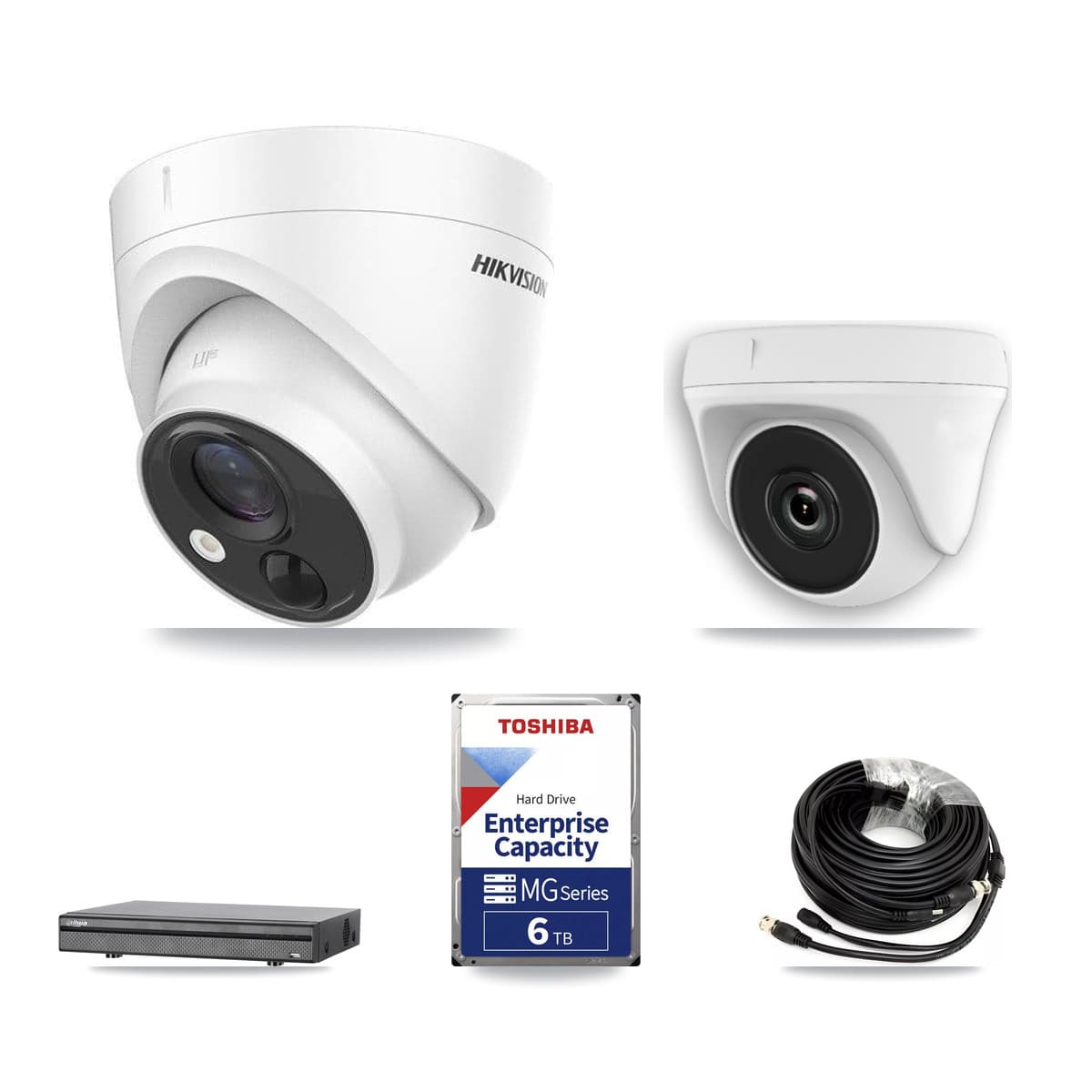 Hikvision & Dahua 8-Channel 2MP – 5MP CCTV Kit — 3 DS-2CE71H0T 5MP Turret + 3 White HDT-2MP-N20W 2MP Dome Cameras + 6TB Recording (DH-XVR5108H Recorder) - Image 1
