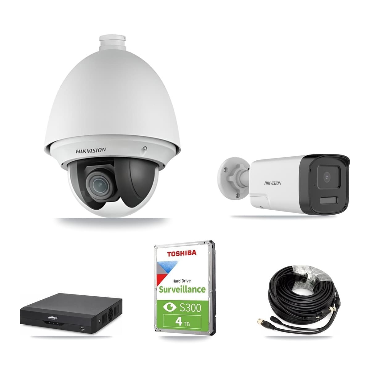 Hikvision & Dahua 4-Channel 2MP – 5MP CCTV Kit — 1 DS-2AE4225T 2MP PTZ + 1 DS-2CE17K0T 5MP Bullet Cameras + 4TB Recording - Image 1