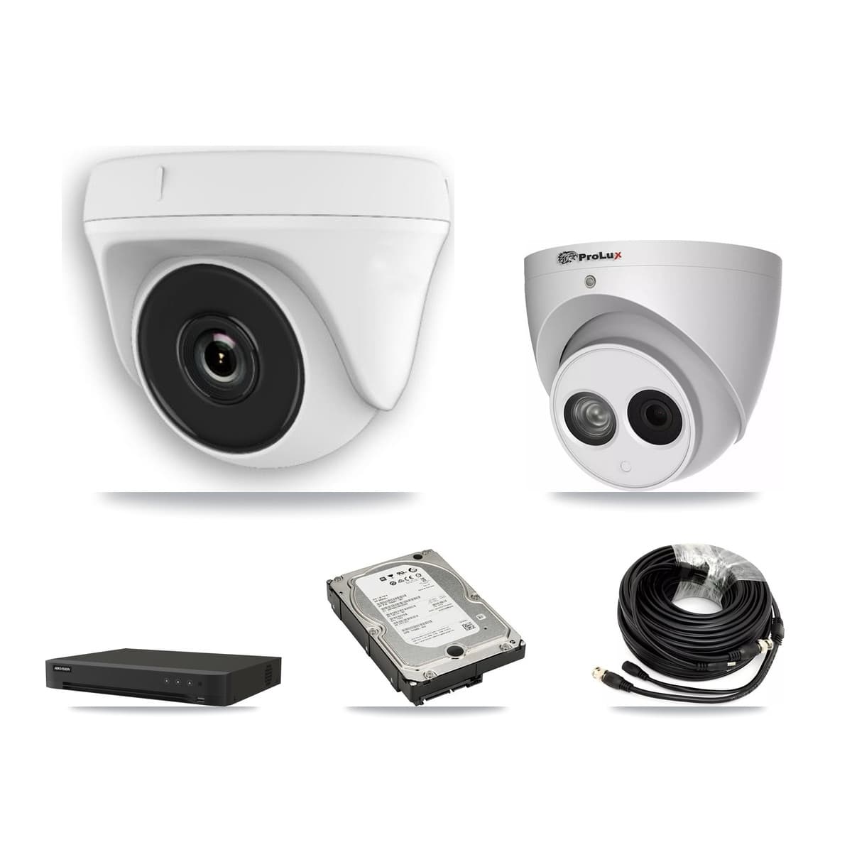 Prolux & Hikvision 8-Channel 2MP – 4MP CCTV Kit — 5 White HDT-2MP-N20W-2.8MM 2MP Dome + 1 PXC-612C4W-A-POC 4MP Turret Cameras + 5TB Recording (IDS-7208HUHI-M1/XT Recorder) - Image 1