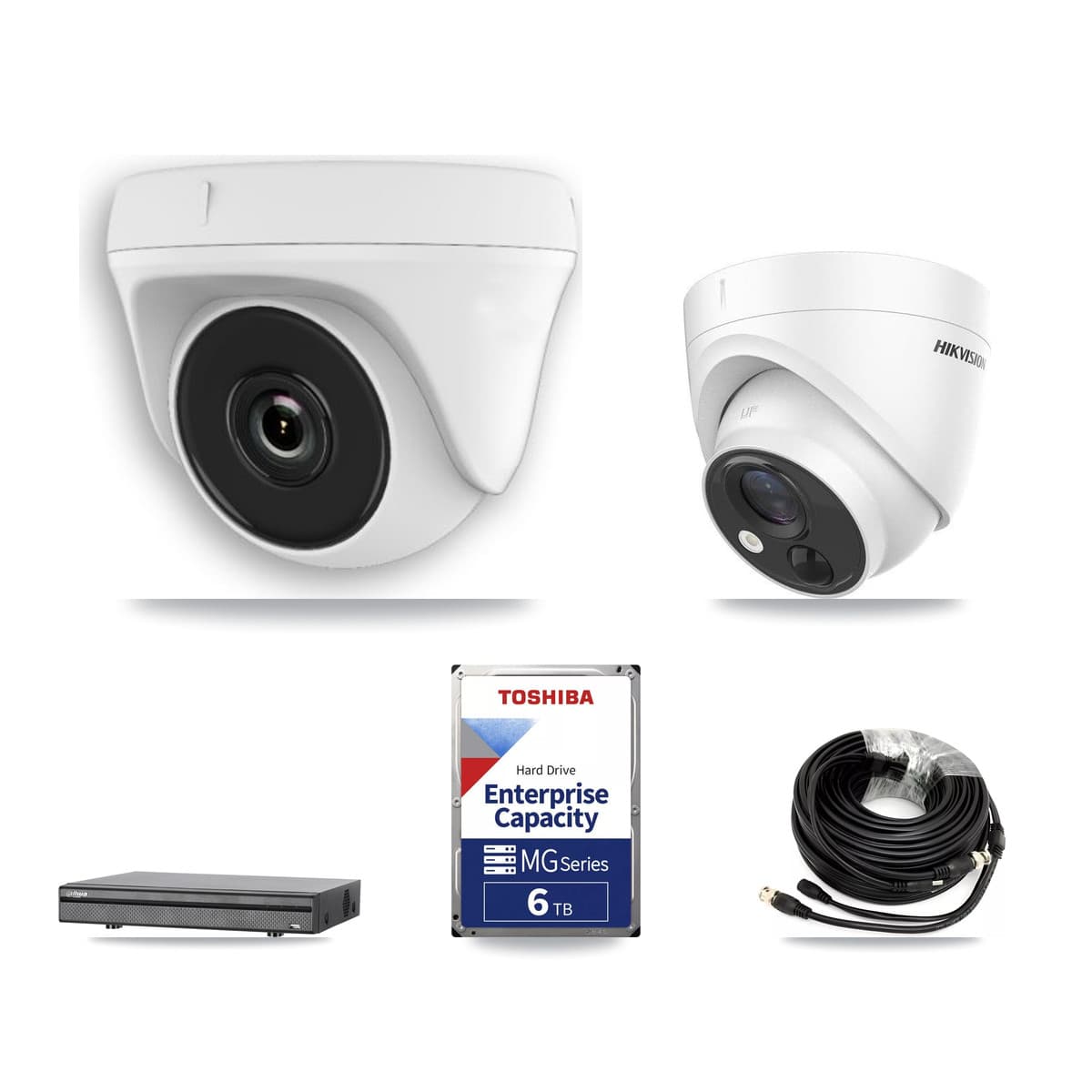 Hikvision & Dahua 8-Channel 2MP – 5MP CCTV Kit — 2 DS-2CE71H0T 5MP Turret + 5 White HDT-2MP-N20W 2MP Dome Cameras + 6TB Recording (DH-XVR5108H Recorder) - Image 1