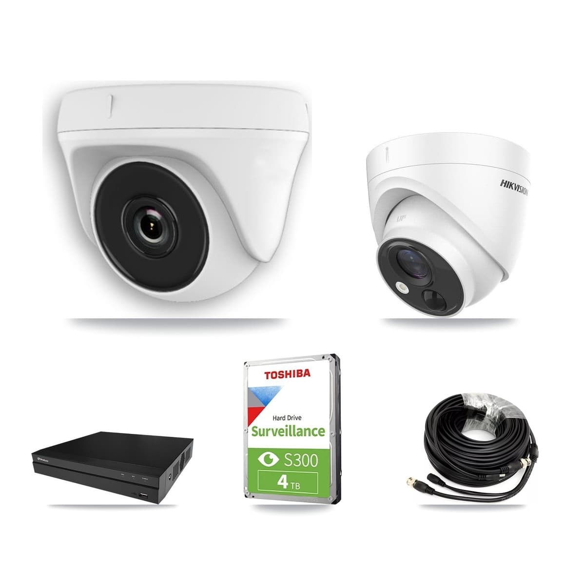 Hikvision & Prolux 8-Channel 2MP – 5MP CCTV Kit — 1 DS-2CE71H0T 5MP Turret + 4 White HDT-2MP-N20W 2MP Dome Cameras + 4TB Recording (PXD-5208AN Recorder) - Image 1