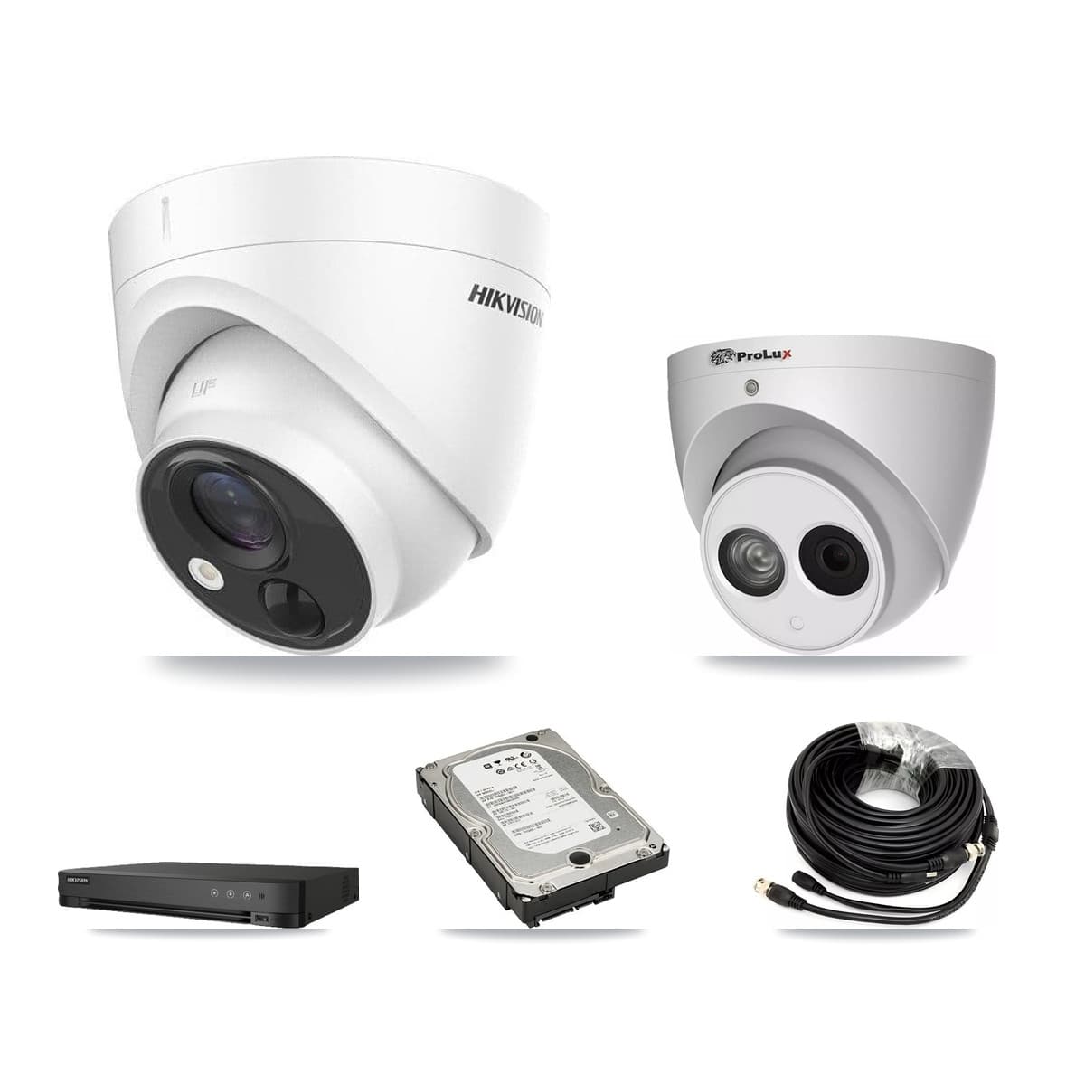 Hikvision & Prolux 8-Channel 4MP – 5MP CCTV Kit — 3 DS-2CE71H0T-PIRLO 5MP + 1 PXC-612C4W-A-POC 4MP Turret Cameras + 5TB Recording (IDS-7208HUHI-M1/E Recorder) - Image 1