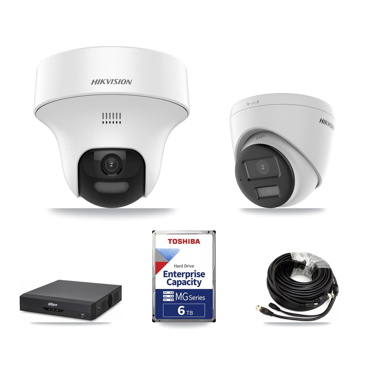 Hikvision & Dahua 4-Channel 5MP CCTV Kit — 1 DS-2CE70K0T-PTLTS + 1 DS-2CE78K0T-LPTS Turret Cameras + 6TB Recording (DH-XVR5104HS-4KL-I2 Recorder) - Image 1