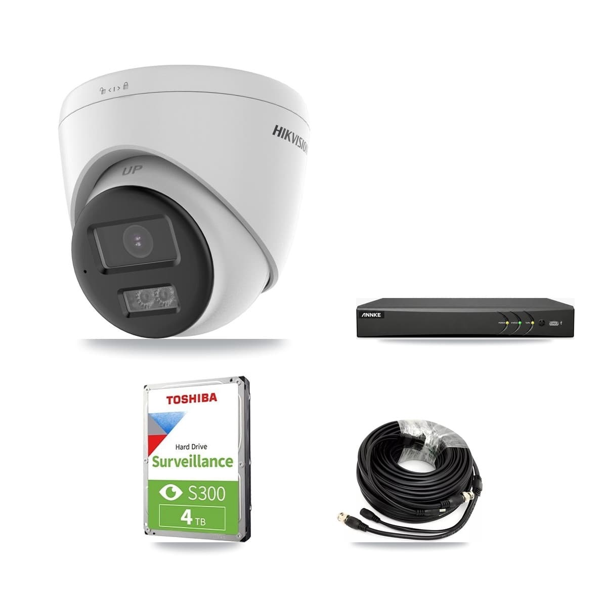 Hikvision & ANNKE 4-Channel 5MP – 4K CCTV Kit — 1 DS-2CE78K0T-LTS 5MP + 1 DS-2CE78U0T-LPTS 4K Turret Cameras + 4TB Recording (AN-DV4-8MP-D941BB Recorder)