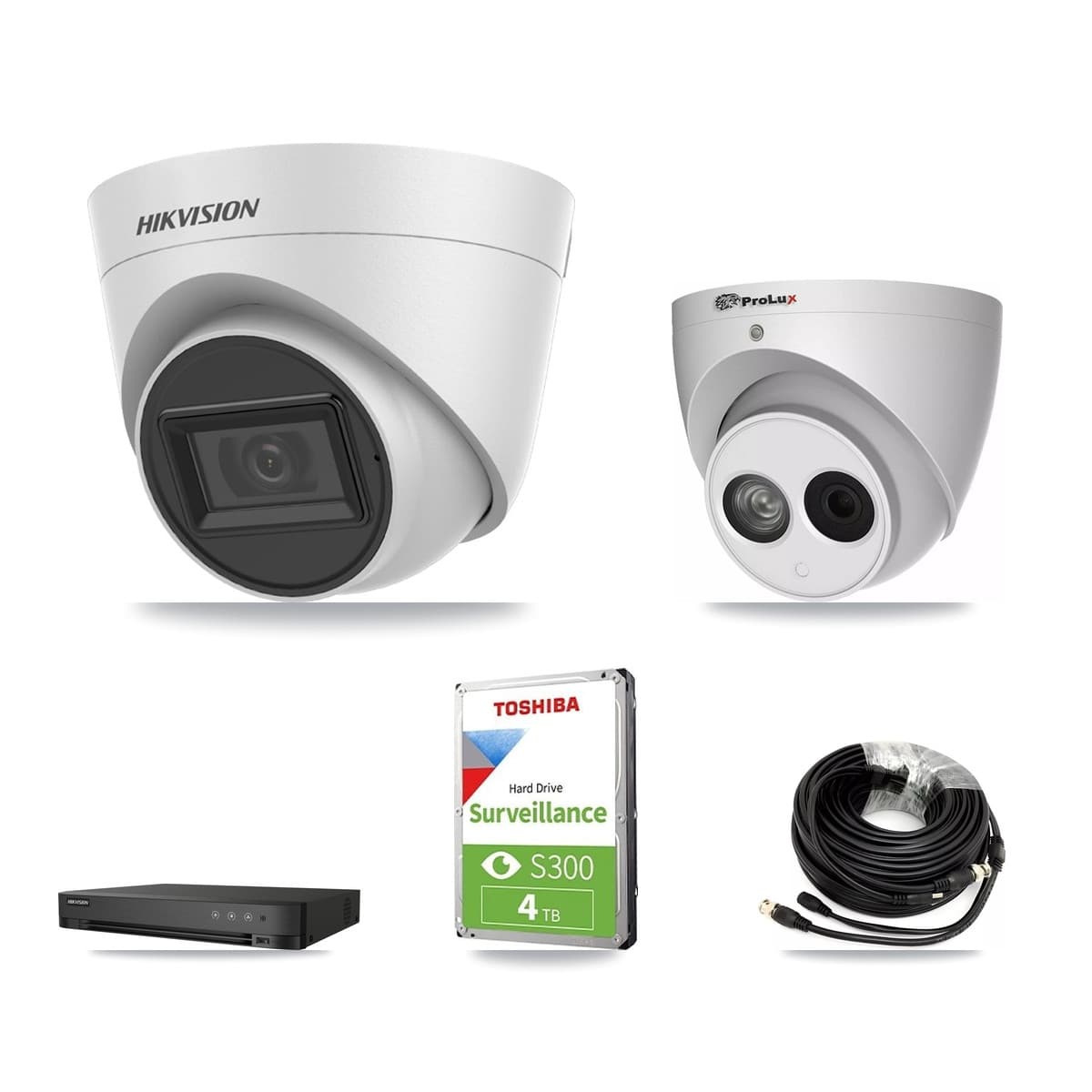 Hikvision & Prolux 4-Channel 4MP – 5MP CCTV Kit — 1 White 5MP + 1 4MP Turret Cameras + 4TB Recording (IDS-7204HQHI Recorder)