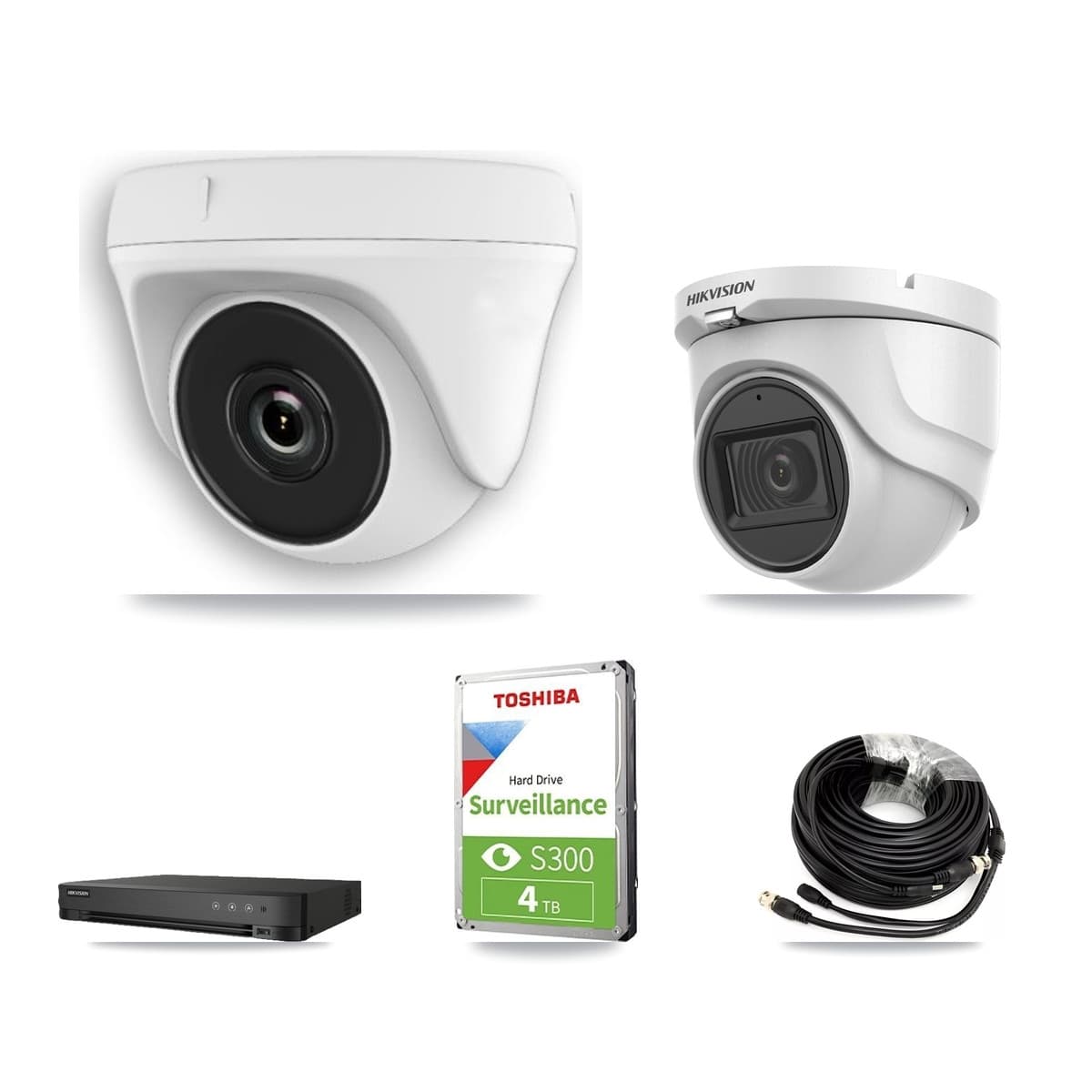 Hikvision 8-Channel 2MP – 5MP CCTV Kit — 1 DS-2CE76H0T 5MP Turret + 4 White HDT-2MP-N20W 2MP Dome Cameras + 4TB Recording (IDS-7208HQHI Recorder) - Image 1