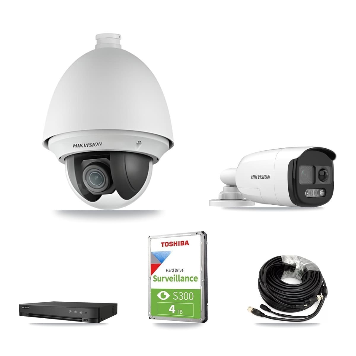Hikvision 4-Channel 2MP – 5MP CCTV Kit — 1 DS-2AE4225T 2MP PTZ + 1 DS-2CE12KF3T 5MP Bullet Cameras + 4TB Recording (IDS-7204HQHI Recorder)