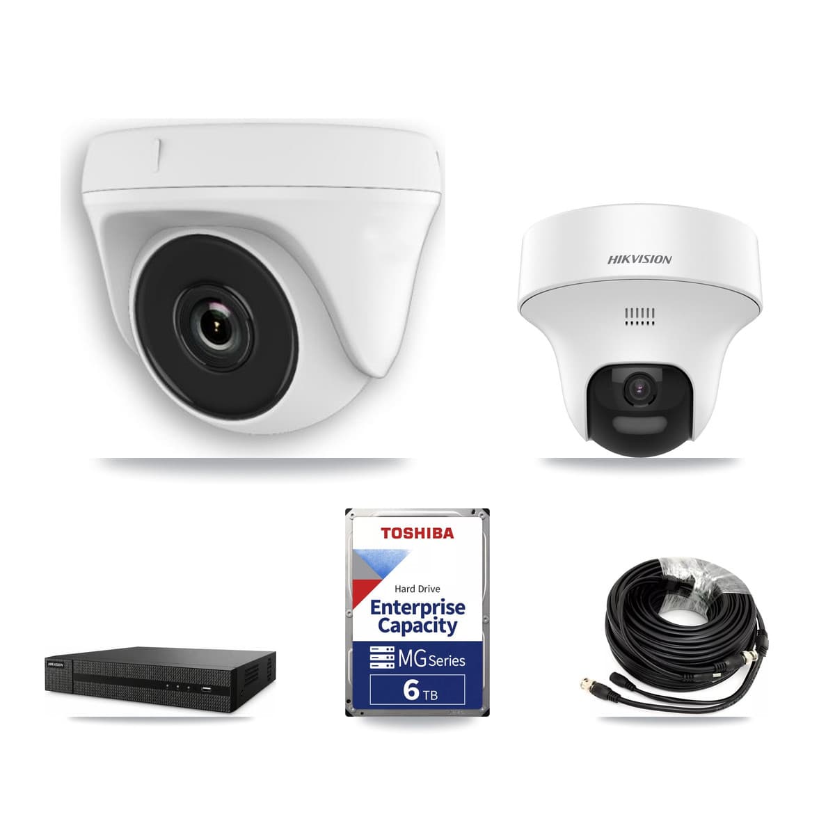Hikvision 8-Channel 2MP – 5MP CCTV Kit — 2 DS-2CE70K0T 5MP Turret + 5 White HDT-2MP-N20W 2MP Dome Cameras + 6TB Recording (DVR-8CH Recorder)