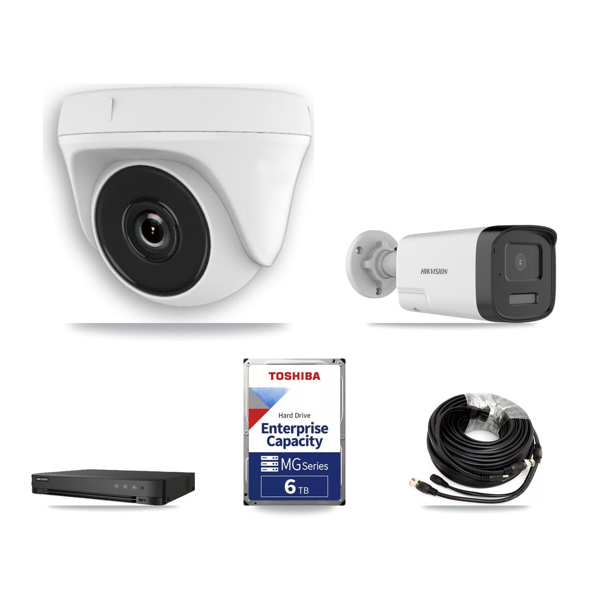 Hikvision 8-Channel 2MP – 5MP CCTV Kit — 1 DS-2CE17K0T 5MP Bullet + 7 White HDT-2MP-N20W 2MP Dome Cameras + 6TB Recording (IDS-7208HQHI Recorder) - Image 1