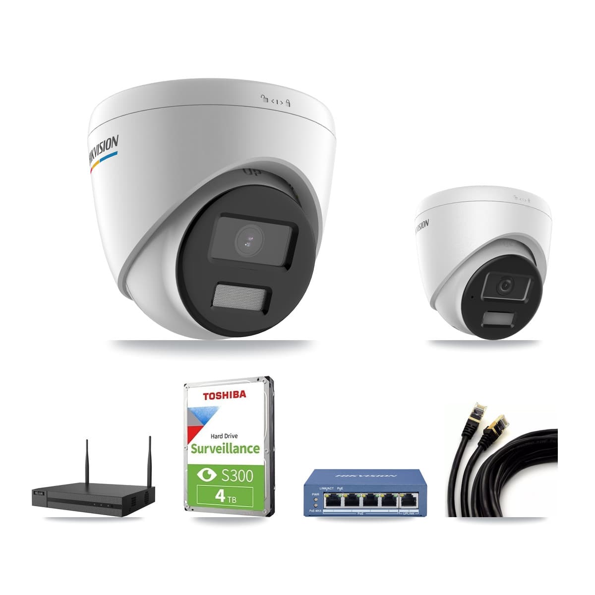 Hikvision & HiLook 4-Channel 2MP – 4MP CCTV Kit — 1 DS-2CD1327G2 2MP + 1 DS-2CD1343G2 4MP Turret Cameras + 4TB Recording - Image 1