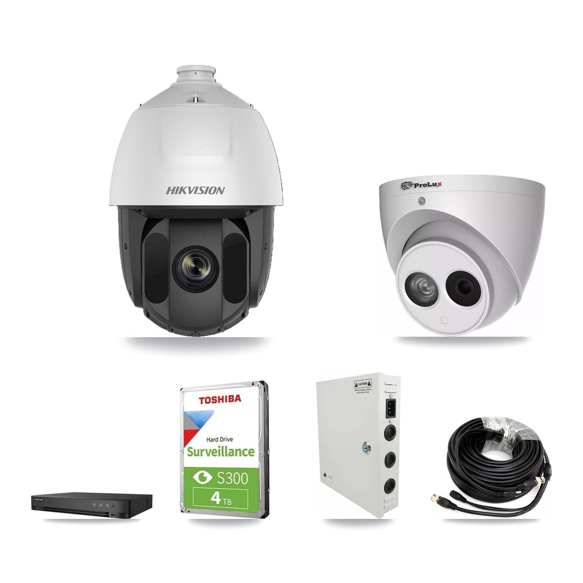 Hikvision & Prolux 4-Channel 2MP – 4MP CCTV Kit — 2 DS-2AE5225TI 2MP PTZ + 2 PXC-612C4W-A 4MP Turret Cameras + 4TB Recording (IDS-7204HQHI Recorder) - Image 1