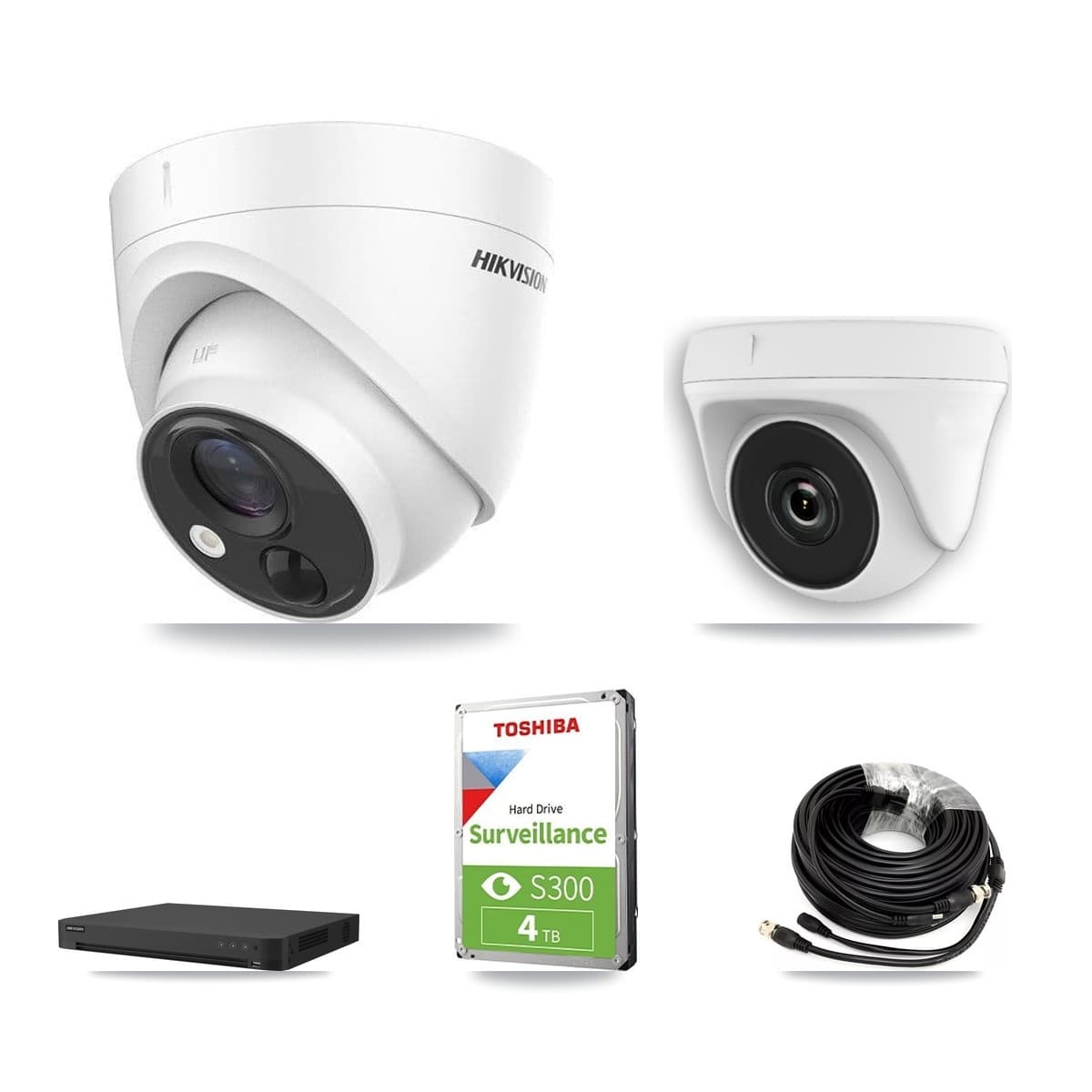Hikvision 16-Channel 2MP – 5MP CCTV Kit — 1 DS-2CE71H0T 5MP Turret + 1 White HDT-2MP-N20W 2MP Dome Cameras + 4TB Recording (IDS-7216HUHI Recorder) - Image 1