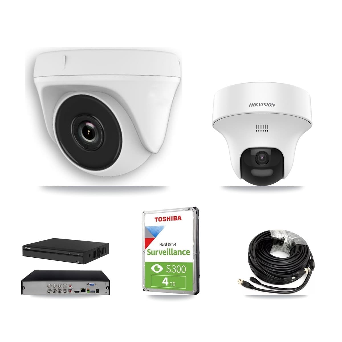 Hikvision & Prolux 8-Channel 2MP – 5MP CCTV Kit — 1 DS-2CE70K0T 5MP Turret + 3 White HDT-2MP-N20W 2MP Dome Cameras + 4TB Recording (PXD-5108HS Recorder) - Image 1