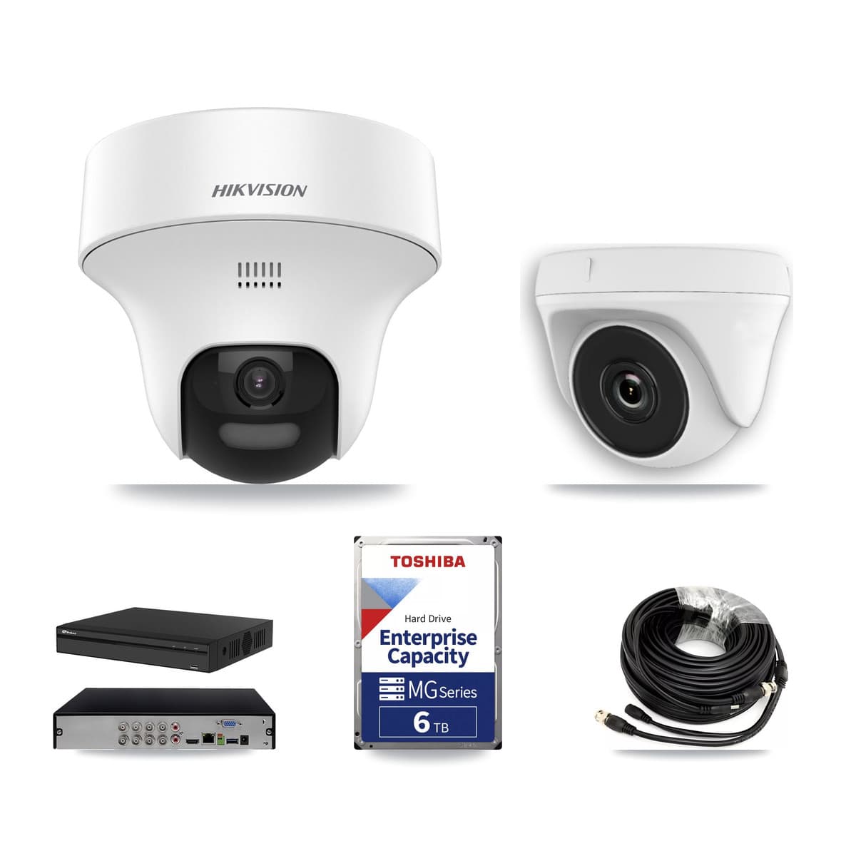 Hikvision & Prolux 8-Channel 2MP – 5MP CCTV Kit — 3 DS-2CE70K0T 5MP Turret + 3 White HDT-2MP-N20W 2MP Dome Cameras + 6TB Recording (PXD-5108HS Recorder) - Image 1