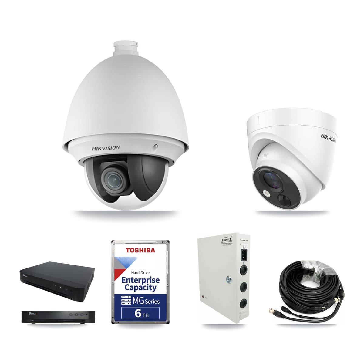 Hikvision & Prolux 16-Channel 2MP – 5MP CCTV Kit — 3 DS-2AE4225T 2MP PTZ + 3 DS-2CE71H0T 5MP Turret Cameras + 6TB Recording - Image 1