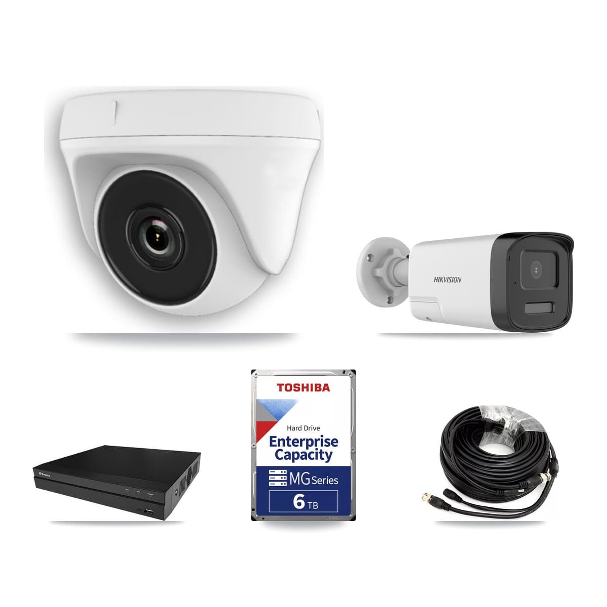 Hikvision & Prolux 8-Channel 2MP – 5MP CCTV Kit — 2 DS-2CE17K0T 5MP Bullet + 5 White HDT-2MP-N20W 2MP Dome Cameras + 6TB Recording (PXD-5208AN Recorder) - Image 1
