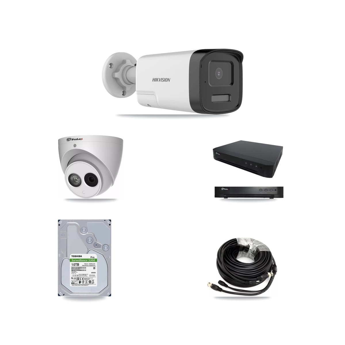 Hikvision & Prolux 16-Channel 4MP – 5MP CCTV Kit — 7 DS-2CE17K0T 5MP Bullet + 1 PXC-612C4W-A 4MP Turret Cameras + 10TB Recording (PXD-8216 Recorder) - Image 1