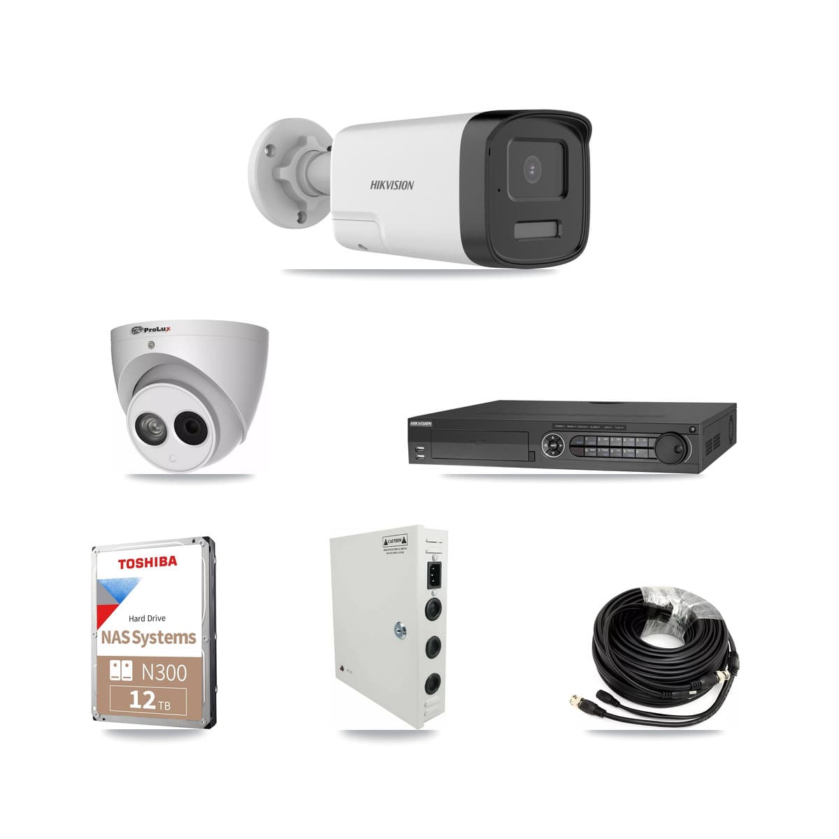 Hikvision & Prolux 32-Channel 4MP – 5MP CCTV Kit — 17 DS-2CE17K0T 5MP Bullet + 1 PXC-612C4W-A 4MP Turret Cameras + 2× 12TB Recording (IDS-7332HUHI Recorder)