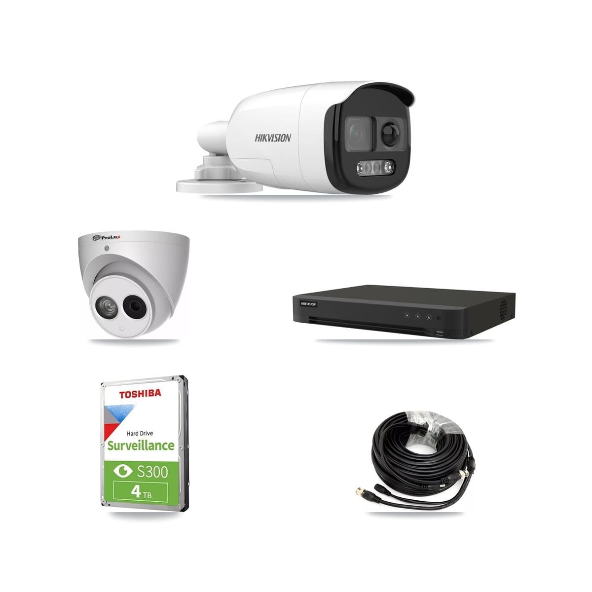Hikvision & Prolux 8-Channel 4MP – 5MP CCTV Kit — 2 DS-2CE12KF3T-PIRXO 5MP Bullet + 1 PXC-612C4W-A-POC 4MP Turret Cameras + 4TB Recording (IDS-7208HUHI-M1/XT Recorder) - Image 1