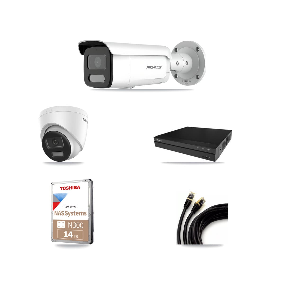 Hikvision & Prolux 16-Channel 4MP – 4K CCTV Kit — 1 DS-2CD1383G2-LIUF/SL 4K Turret + 9 DS-2CD2T47G2H-LISU/SL 4MP Bullet Cameras + 14TB Recording (PXN-5216-16P-4KS2E Recorder)