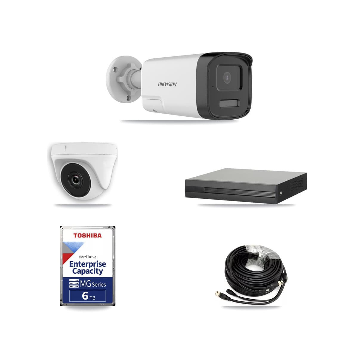 Hikvision 8-Channel 2MP – 5MP CCTV Kit — 3 DS-2CE17K0T 5MP Bullet + 3 White HDT-2MP-N20W 2MP Dome Cameras + 6TB Recording (XVR-3108HS Recorder)