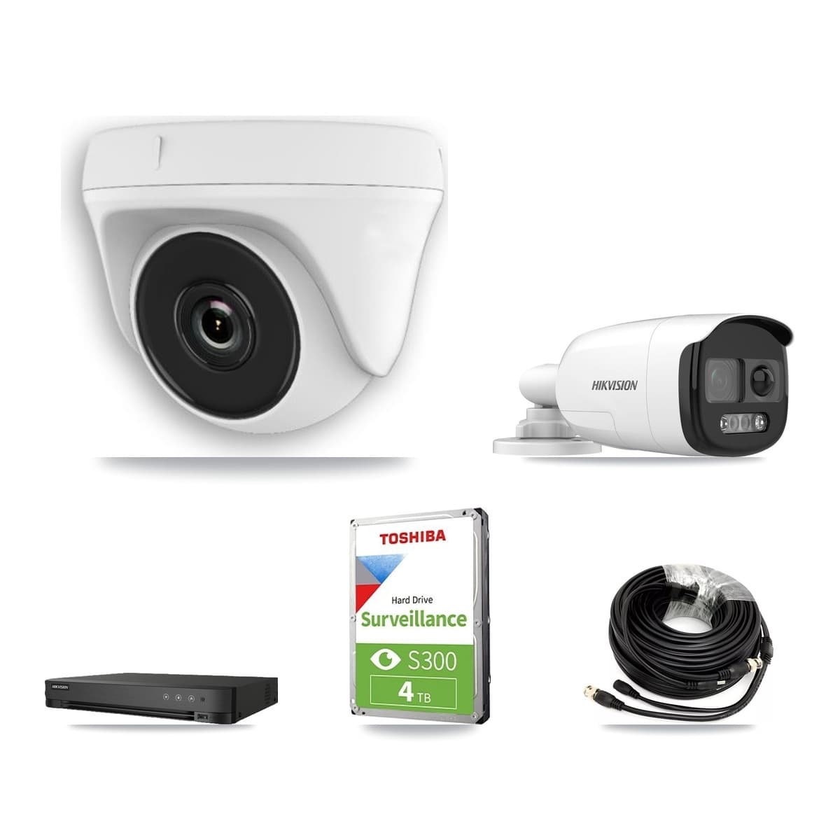 Hikvision 8-Channel 2MP – 5MP CCTV Kit — 1 DS-2CE12KF3T-PIRXO 5MP Bullet + 3 White HDT-2MP-N20W-2.8MM 2MP Dome Cameras + 4TB Recording (IDS-7208HUHI-M1/E Recorder) - Image 1