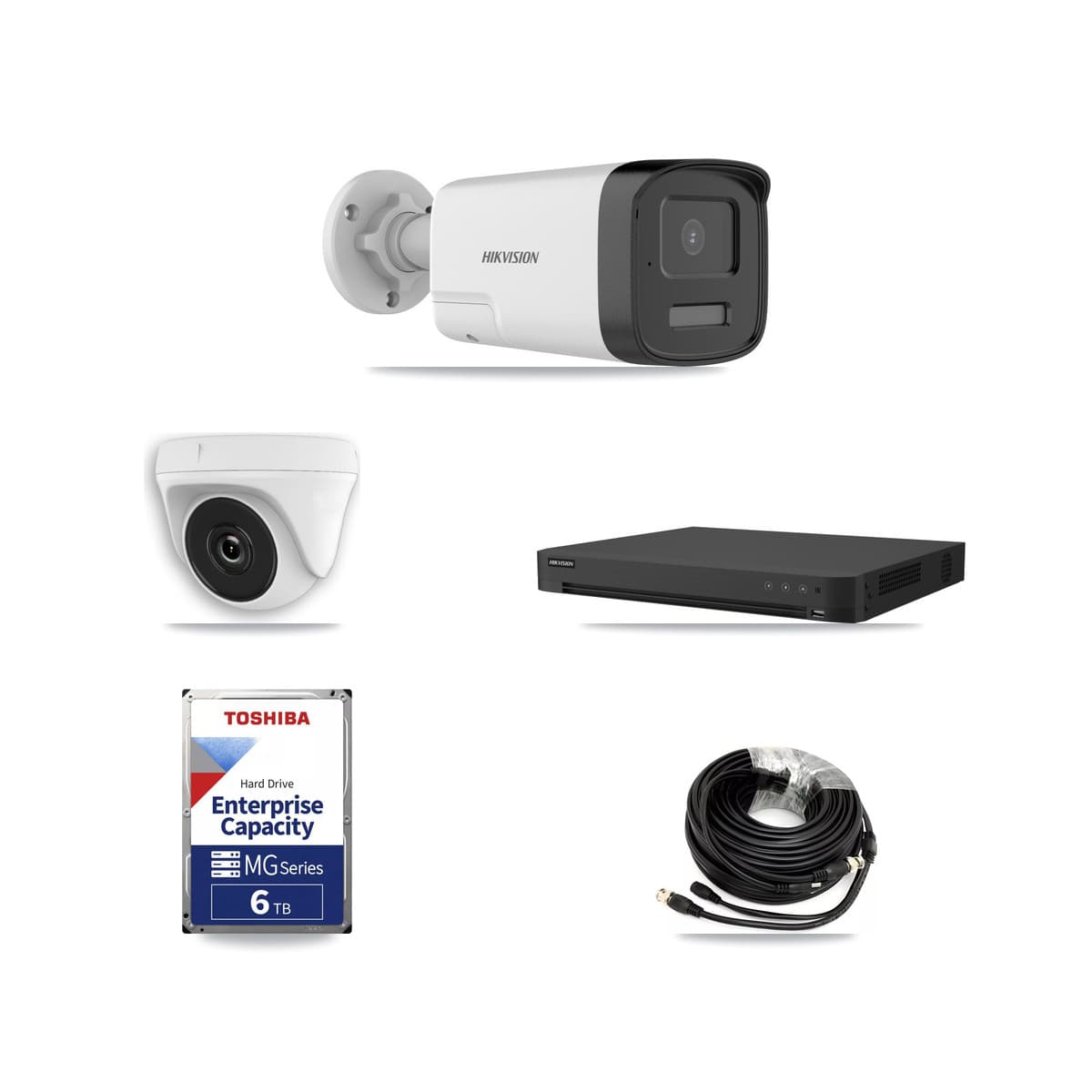 Hikvision 16-Channel 2MP – 5MP CCTV Kit — 4 DS-2CE17K0T 5MP Bullet + 1 White HDT-2MP-N20W 2MP Dome Cameras + 6TB Recording (IDS-7216HUHI Recorder)