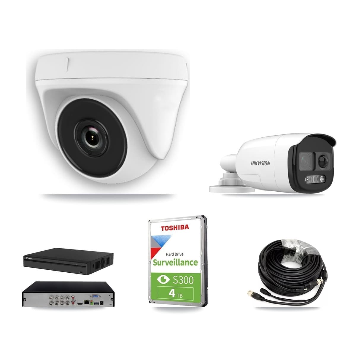 Hikvision & Prolux 8-Channel 2MP – 5MP CCTV Kit — 1 DS-2CE12KF3T 5MP Bullet + 3 White HDT-2MP-N20W 2MP Dome Cameras + 4TB Recording (PXD-5108HS Recorder) - Image 1