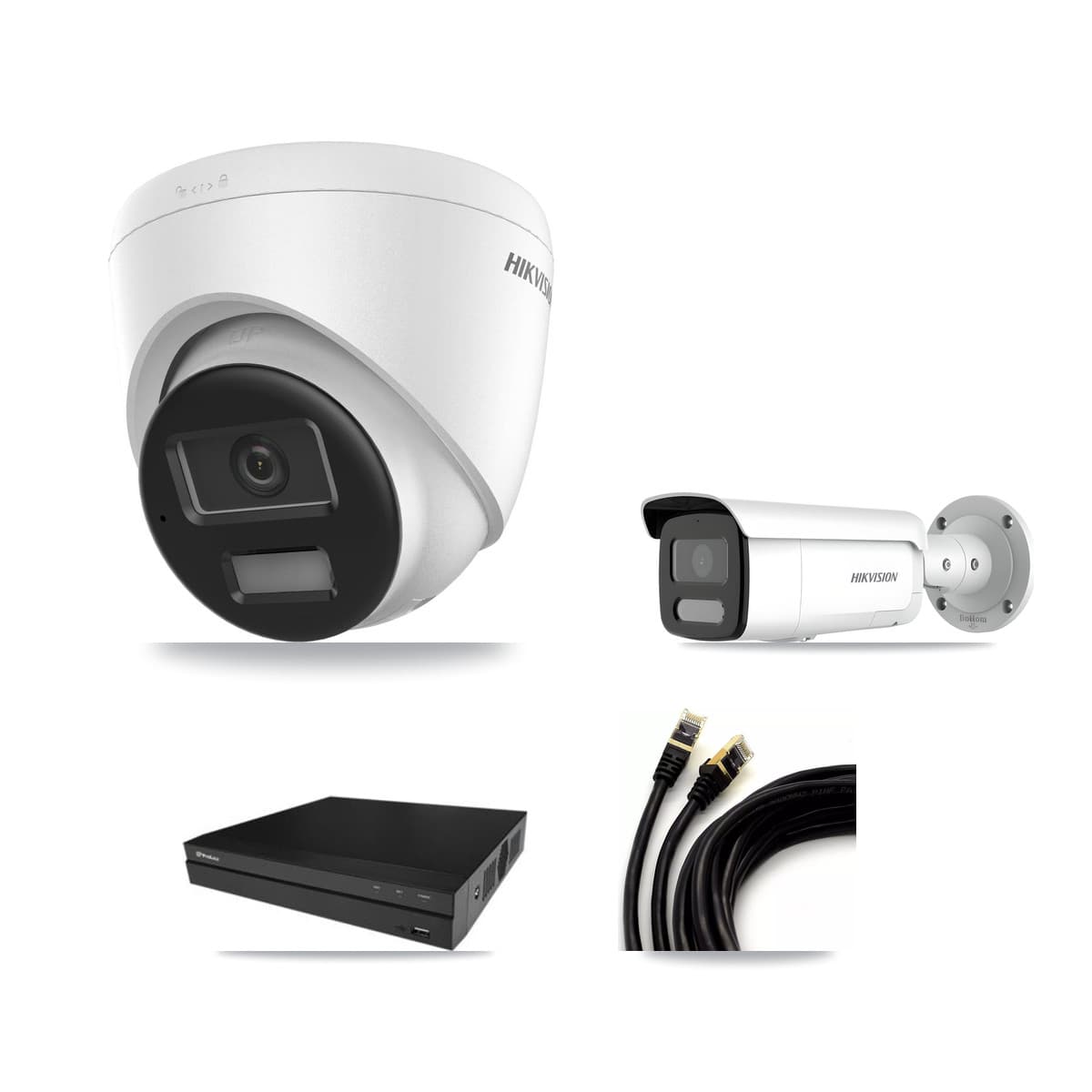 Hikvision & Prolux 16-Channel 4MP – 4K CCTV Kit — 2 DS-2CD1383G2-LIUF/SL 4K Turret + 2 DS-2CD2T47G2H-LISU/SL 4MP Bullet Cameras + 8TB Recording (PXN-5216-16P-4KS2E Recorder) - Image 1