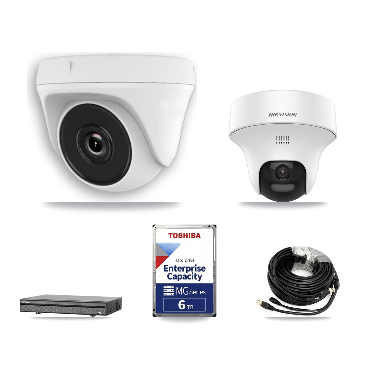 Hikvision & Dahua 8-Channel 2MP – 5MP CCTV Kit — 2 DS-2CE70K0T 5MP Turret + 5 White HDT-2MP-N20W 2MP Dome Cameras + 6TB Recording (DH-XVR5108H Recorder) - Image 1