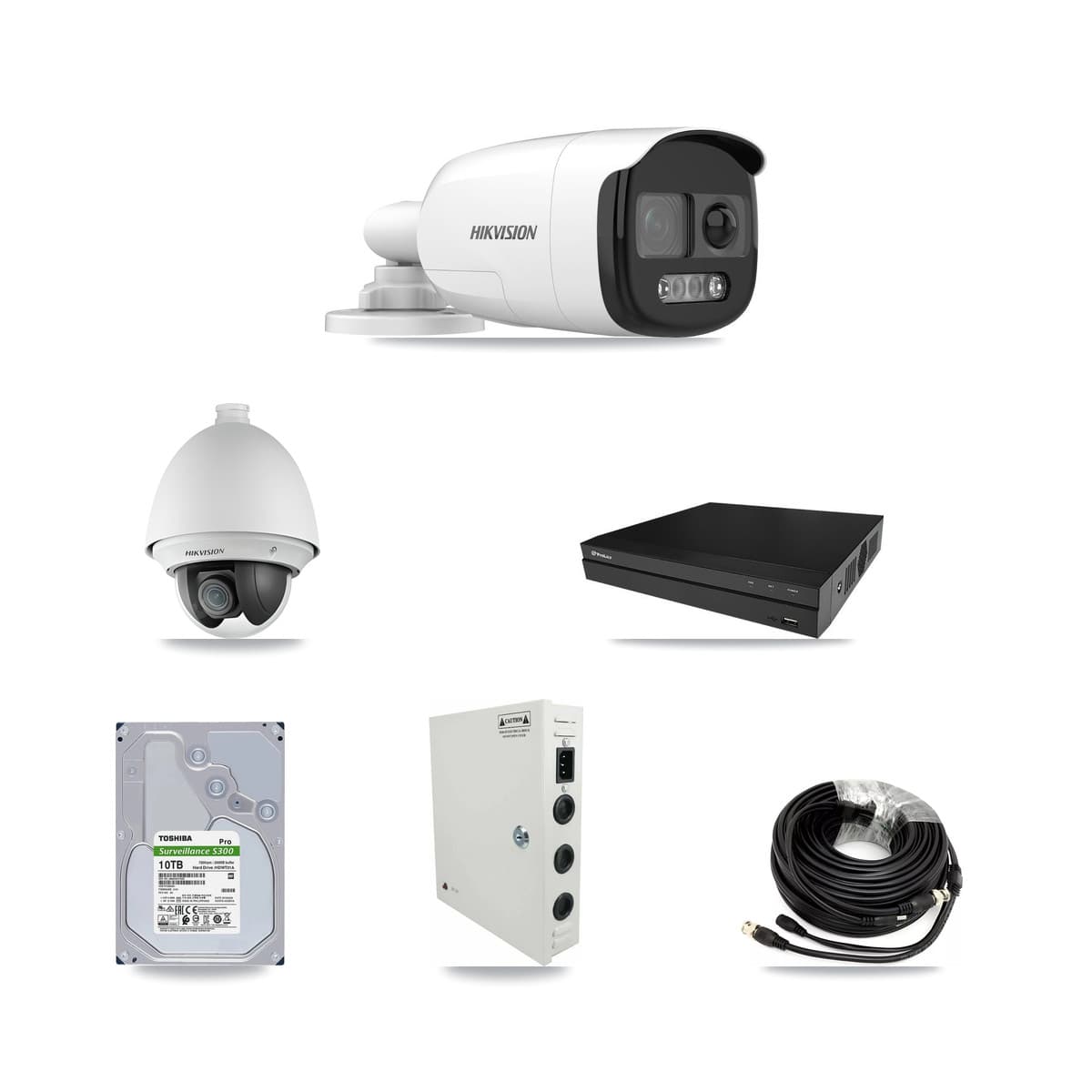 Hikvision & Prolux 8-Channel 2MP – 5MP CCTV Kit — 1 DS-2AE4225T 2MP PTZ + 7 DS-2CE12KF3T 5MP Bullet Cameras + 10TB Recording (PXD-5208AN Recorder) - Image 1