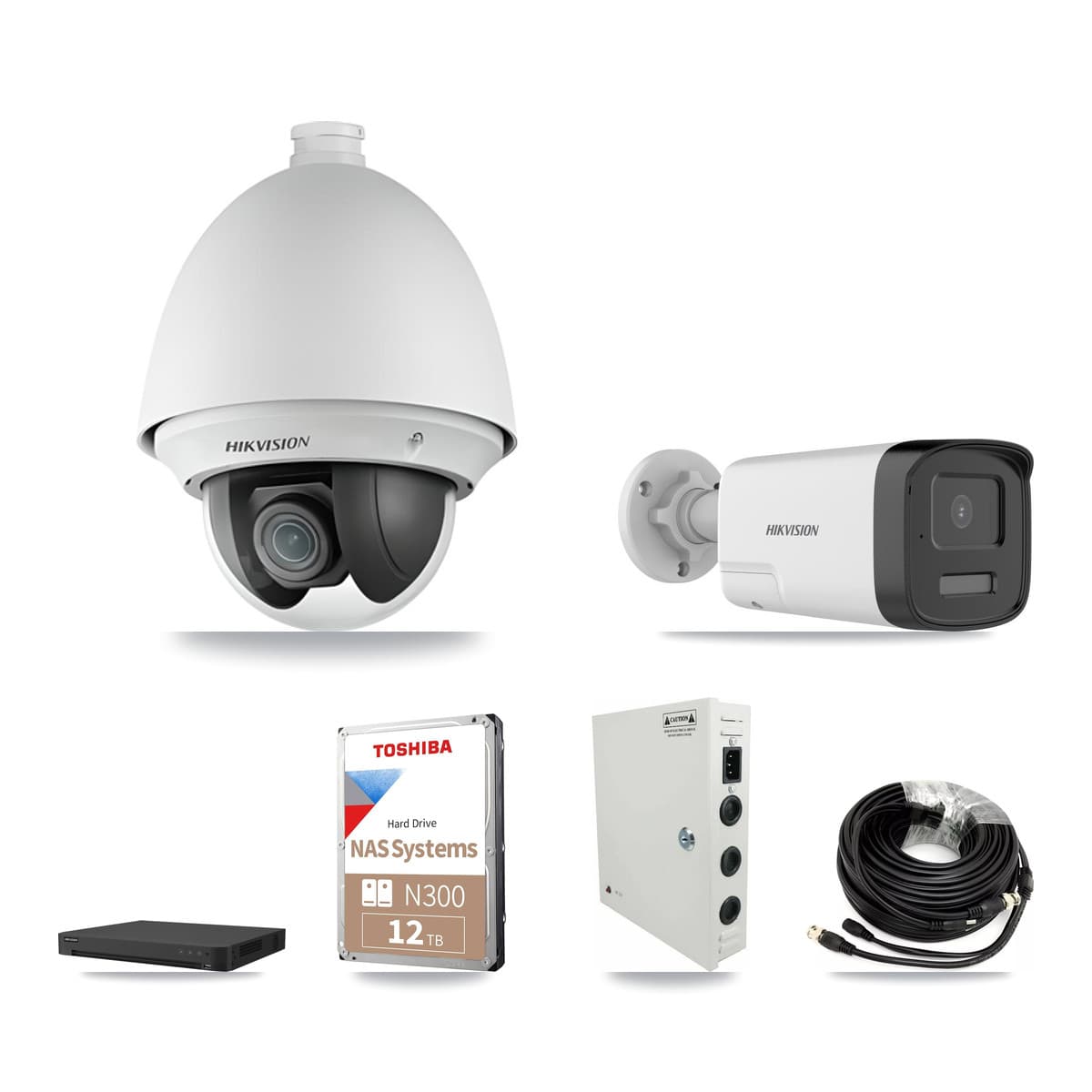 Hikvision 32-Channel 2MP – 5MP CCTV Kit — 12 DS-2AE4225T 2MP PTZ + 12 DS-2CE17K0T 5MP Bullet Cameras + 2× 12TB Recording