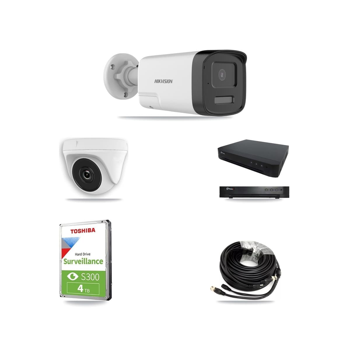 Hikvision & Prolux 16-Channel 2MP – 5MP CCTV Kit — 2 DS-2CE17K0T 5MP Bullet + 2 White HDT-2MP-N20W 2MP Dome Cameras + 4TB Recording - Image 1