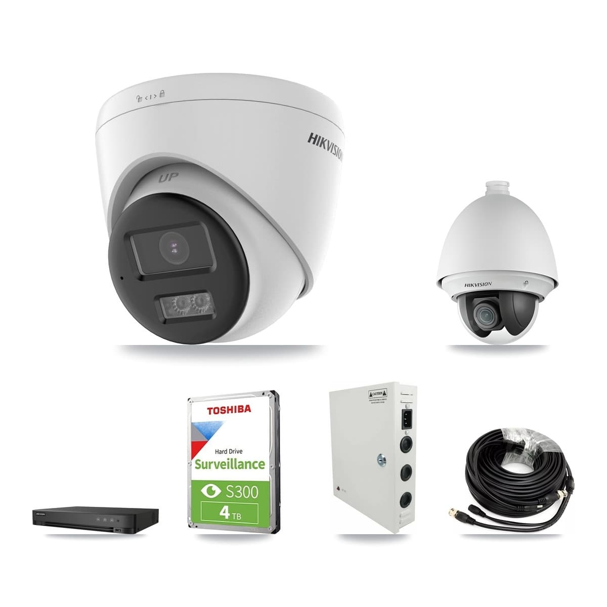 Hikvision 4-Channel 2MP – 5MP CCTV Kit — 1 DS-2AE4225T-A 2MP PTZ + 2 DS-2CE78K0T-LTS 5MP Turret Cameras + 4TB Recording (IDS-7204HQHI-M1/XT Recorder)