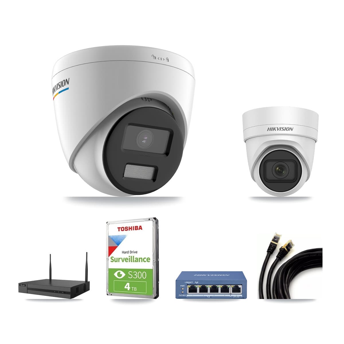 Hikvision & HiLook 4-Channel 2MP – 4MP CCTV Kit — 2 DS-2CD1327G2 2MP + 2 DS-2CD2H45FWD 4MP Turret Cameras + 4TB Recording
