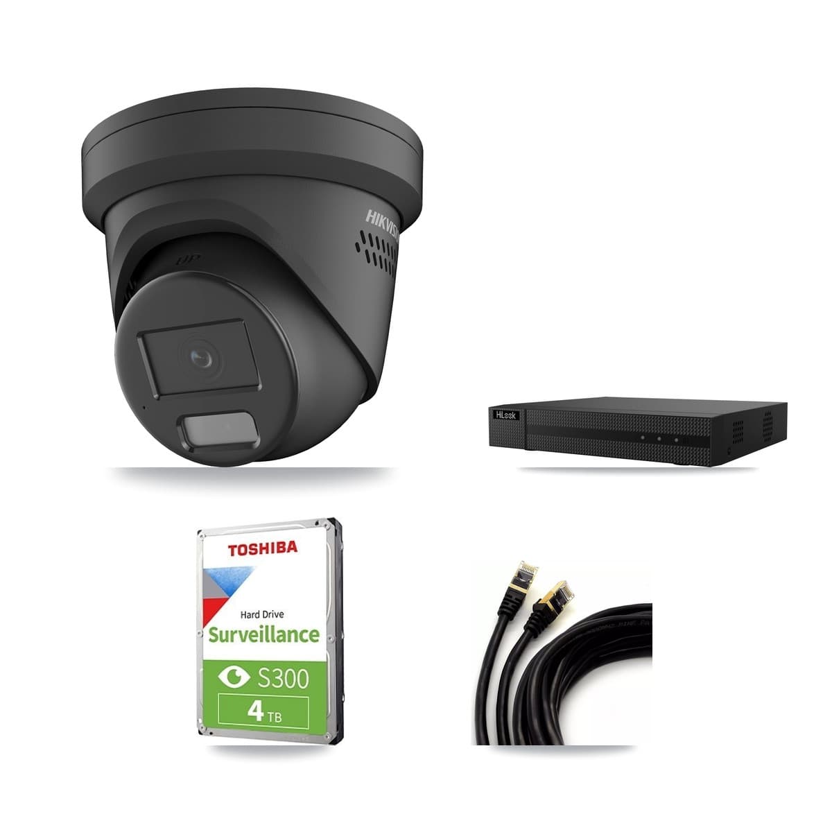 Hikvision & HiLook 8-Channel 4MP CCTV Kit — 3 Black Turret Cameras + 4TB Recording (NVR-108MH-D Recorder)