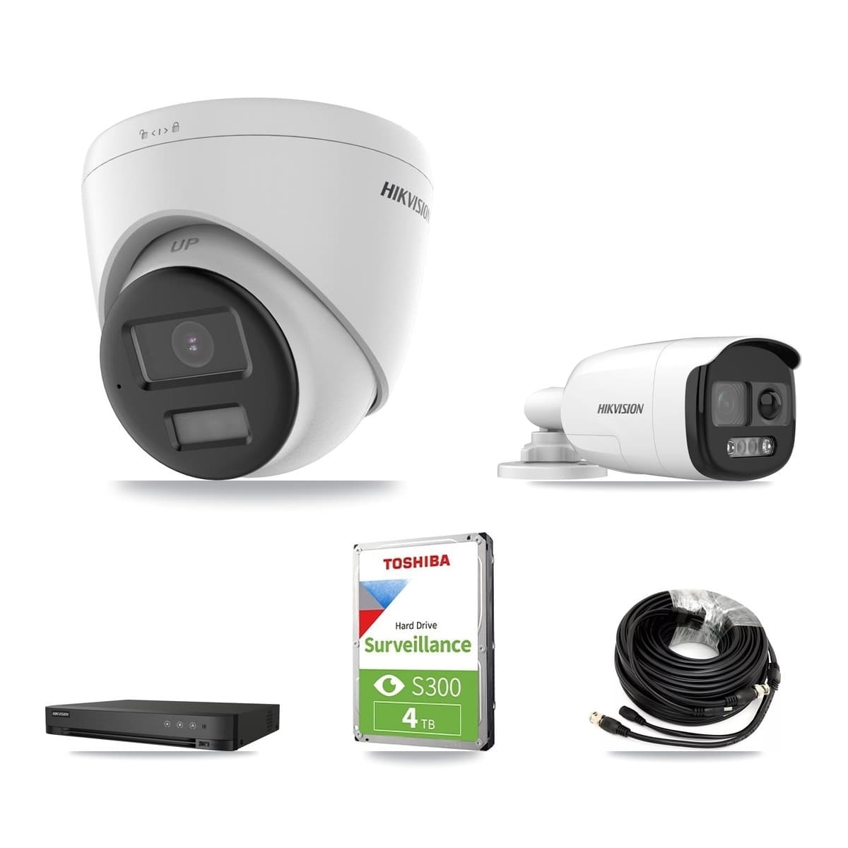 Hikvision 4-Channel 5MP CCTV Kit — 1 DS-2CE12KF3T-PIRXO Bullet + 2 DS-2CE78K0T-LPTS Turret Cameras + 4TB Recording (IDS-7204HQHI-M1/XT Recorder) - Image 1